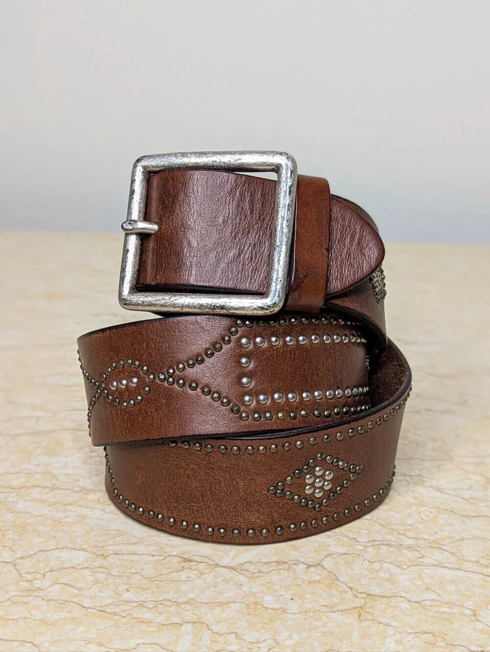 Vintage Express Italian Brown Leather Silver Studded Belt Women's Med